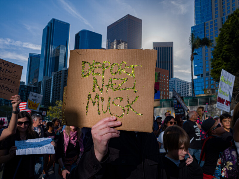 4/5/25 - Los Angeles, Calif: Thousands of protestors participated in the nationwide protest called “Hands Off” which demanded President Donald Trump and Elon Musk cease dismantling the economy, healthcare and social security. Photo Credit: Justin Enriquez