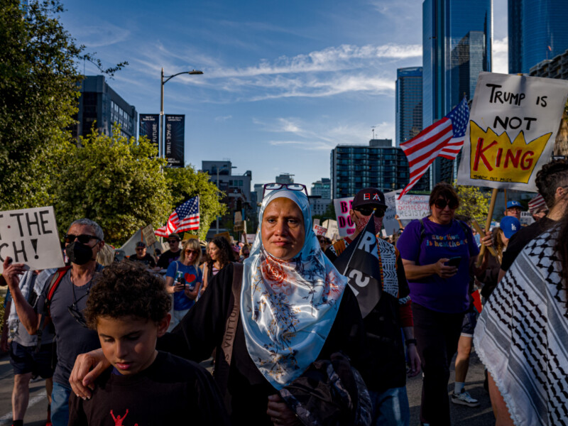 4/5/25 - Los Angeles, Calif: Protestors walk the streets of Downtown Los Angeles to protest President Trump and Elon Musk. Multiple states from New York to Alaska also participated in their regions on April 5. Photo Credit: Justin Enriquez