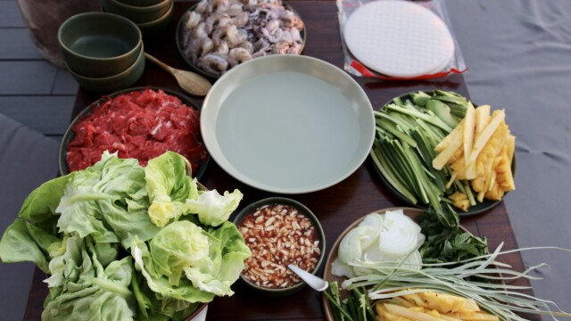 With beef from Harley Farms, vegetables from New Leaf Market and seafood from H Mart, these ingredients are elements for the Vietnamese dish, Bò Nhúng Giấm. The raw meat is cooked briefly in a coconut, lemongrass and vinegar soup base and is then eaten by layering each element into a rice paper roll and dipping it into a garlic fish sauce. Photo credit: Julia Goldman