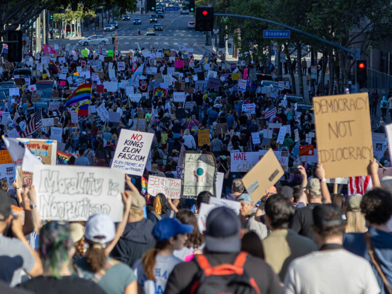 4/5/25 - Los Angeles, Calif: Los Angeles' Broadway street fills up with signs and thousands of protestors during the "Hands Up" protest on April 5. Photo credit: Samuel Chacko