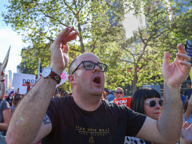 4/5/25 - Los Angeles, Calif: Downtown Los Angeles is filled with protestors on April 5 screaming and marching as they head to the Los Angeles City Hall. This was part of the "Hands Off" protests that other states participated in to protest President Donald Trump and Elon Musk. Photo credit: Samuel Chacko